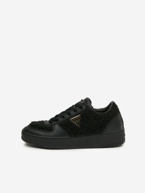 Black Women's Leather Sneakers with Faux Fur Guess Sidny - Women