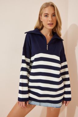 Happiness İstanbul Women's White Navy Blue Zipper High Neck Striped Oversize Knitwear Sweater