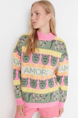 Trendyol Pink Patterned Stand-Up Collar Knitwear Sweater