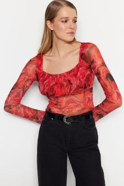 Trendyol Red Patterned Sheer Back Fitted Crop Tulle Stretch Knitted Blouse