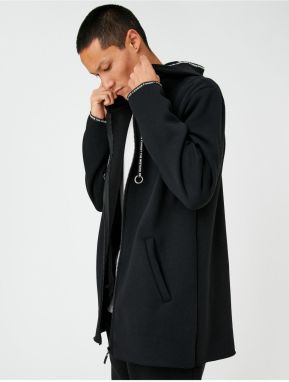 Koton Basic dlhý sveter s kapucňou na zips vrecko slogan detailný