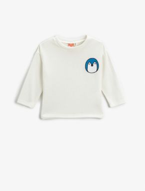 Koton Penguin Print Detailed T-Shirt Long Sleeved Crew Neck