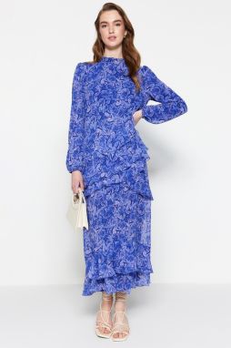 Trendyol modrá kvetinová sukňa s volánovou podšívkou tkané šifónové šaty