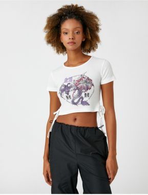 Koton Crop T-Shirt with Oriental Print Short Sleeves Lacing Detail