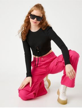 Koton Long Sleeve T-Shirt Crop Bodice Detail Tie Detail