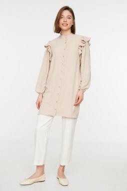 Trendyol Stone Ruched Collar Ruffle Detail Woven Shirt