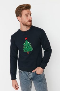 Trendyol Navy Regular/Regular Fit Christmas Printed Fleece Long Sleeve Sweatshirt