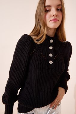 Happiness İstanbul Women's Black Stylish Buttoned Openwork Knitwear Sweater
