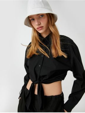 Koton Crop Poplin Shirt Front Tie Detailed Long Sleeve Buttoned