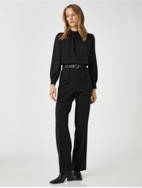 Koton Standing Neck Blouse with Draping Detail Long Balloon Sleeves