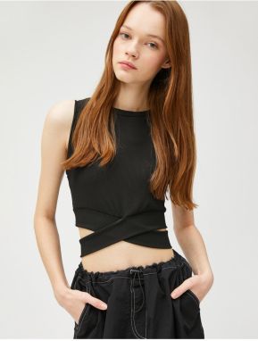 Koton Crop Corduroy Singlets Crew Neck Waist Detail