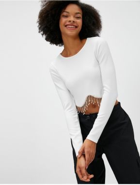 Koton Crop T-Shirt Long Sleeve Dangle Stone Detailed Ribbed