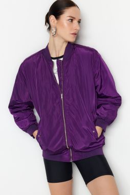 Trendyol fialový oversize bomber kabát s plisovanými rukávmi