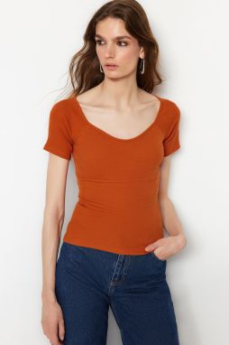 Trendyol Cinnamon Fitted Ribbed Cotton Stretch Knit Blouse