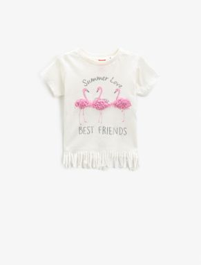 Koton Flamingo Appliques Detailed T-Shirt with Tassels Short Sleeves, Round Neck.