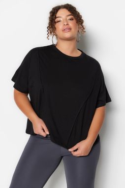 Trendyol Curve Black Crew Neck Stitching Detailed Knitted Crop T-Shirt