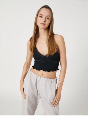 Koton Crop Ribbed Undershirt Strappy V-Neck Lace