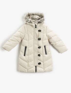 Koton Quilted Long Coat Padded Faux Für Detailed Hooded Buttoned