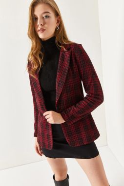 armonika Women's Claret Red Stamped One-Button Plaid Jacket