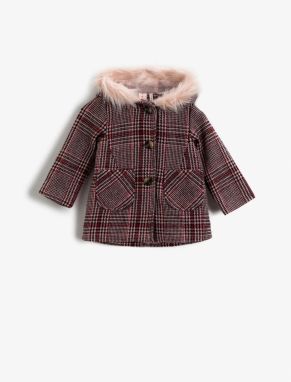 Koton Baby Girl Collar Shearling Coat, Plaid Hooded, Baby Girl Collar Shearling Coat, Plaid Hooded