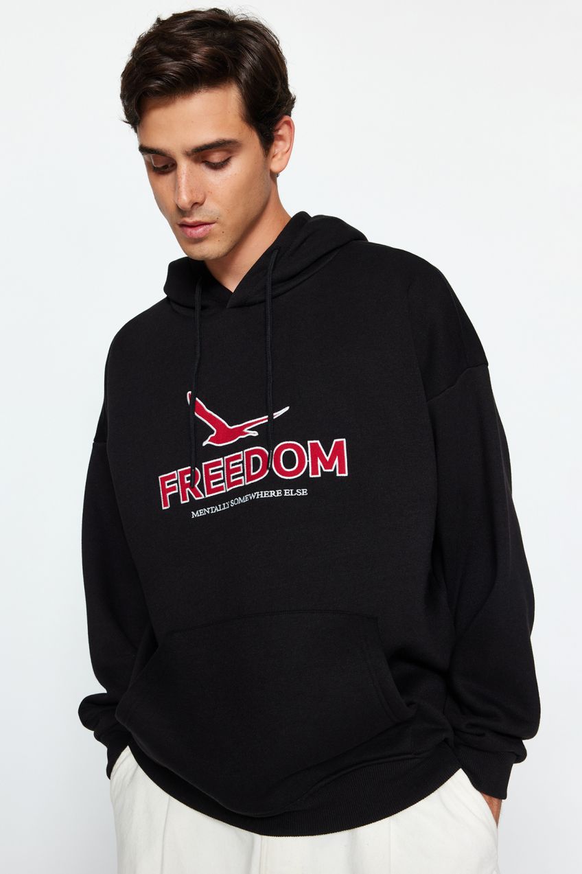 Trendyol Black Oversize/Wide-Fit Hooded Mesh Embroidered Fleece Inside Cotton Sweatshirt