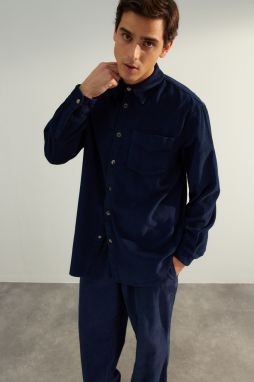 Trendyol Limited Edition Navy Blue Velvet Oversize Thick Winter 100% Cotton Shirt