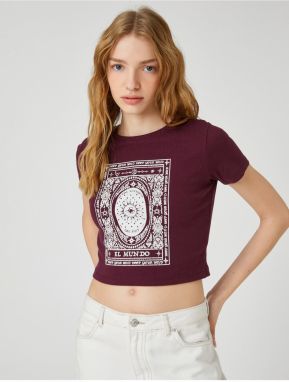 Koton Crop T-Shirt Cotton Short Sleeve Crew Neck Printed