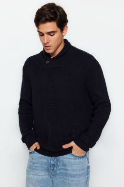 Trendyol Navy Regular Fit Shawl Collar Buttoned Knitwear Sweater