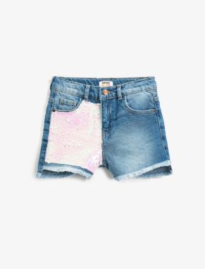 Koton Embroidered sequins denim shorts with pockets, tassels on the legs, and an adjustable elasticated waist.