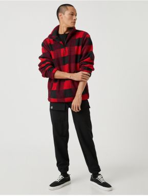 Koton Checkered Sweatshirt Standing Neck Half-Zip Pocket Detailed.