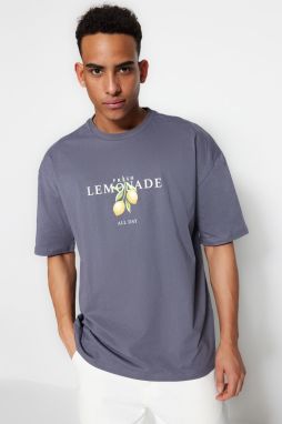 Trendyol Anthracite Oversize Crew Neck Short Sleeve Printed T-Shirt