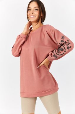 armonika Women's Dried Rose Round Neck Tunic with Embossed Sleeves