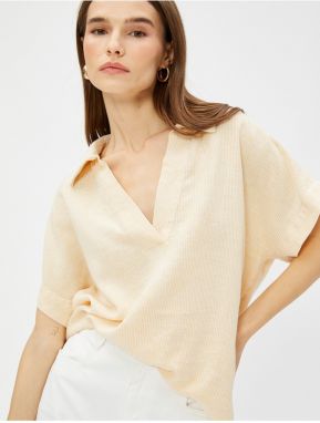 Koton Oversized Striped Blouse. Linen-Mixed Shirt Collar
