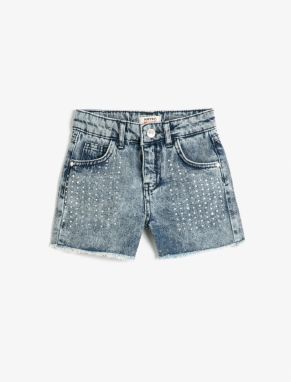 Koton Denim Shorts with Embroidered Beads, Pockets, Cotton and Adjustable Elastic Waist.