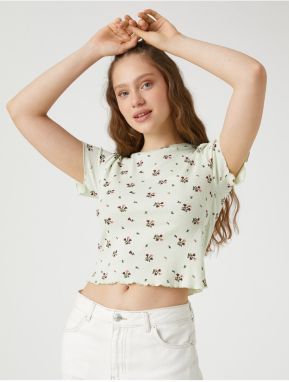 Koton Crop T-Shirt Short Sleeve Floral Print Crew Neck