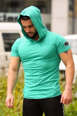 Madmext Ripped Detailed Green Hooded T-Shirt 3069