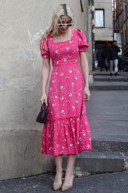 Madmext Pink Floral Patterned Balloon Sleeve Midi Dress