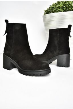 Fox Shoes R654006502 Black Genuine Leather and Suede Women's Boots with Thick Heels