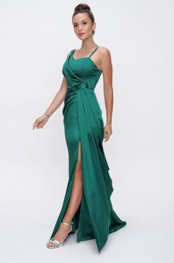 By Saygı Front Flounce Detailed Lined Satin Evening Dress