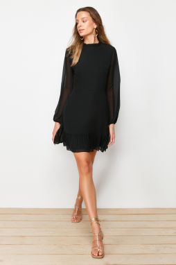 Trendyol Black A-line Ruffle Detail Stand Collar Mini Lined Chiffon Woven Dress