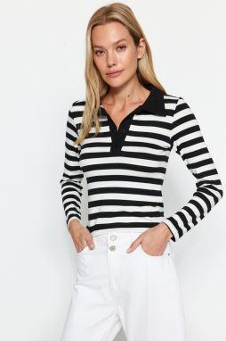 Trendyol Black Striped Soft Fabric Fitted/Situated Polo Neck Buttoned Elastic Knitted Blouse