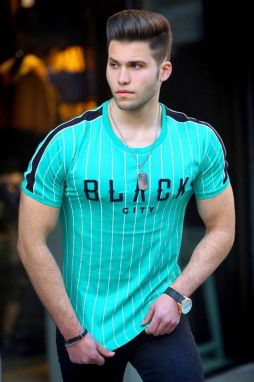 Madmext Printed Striped Green T-Shirt 3083