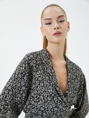 Koton Floral Double Breasted Crop Blouse Oversize Long Bell Sleeve Viscose Fabric