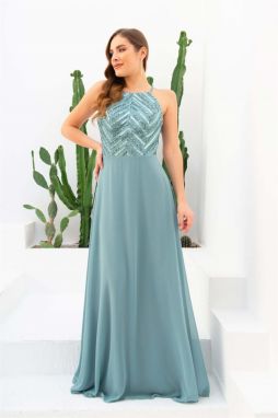 Carmen Sequined Long Evening Dress with Lace Straps.