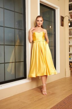 Carmen Strapless Midi Promise And Engagement Dress In Yellow Satin