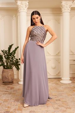 Carmen Gray Chiffon Sequined Long Evening Dress And Invitation Dress.