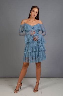 Carmen Indigo Lace Long Sleeve Short Evening Dress