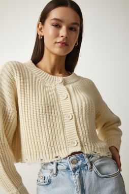 Happiness İstanbul Women's Cream Ripped Detailed Buttoned Crop Knitwear Cardigan