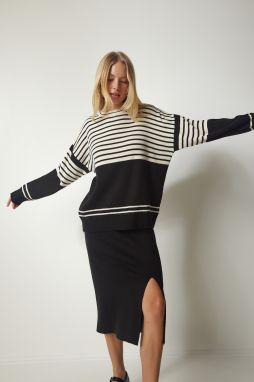 Happiness İstanbul Women's Black Striped Sweater Skirt Knitwear Suit