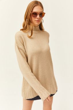Olalook Women's Stone High Neck Soft Textured Knitwear Sweater